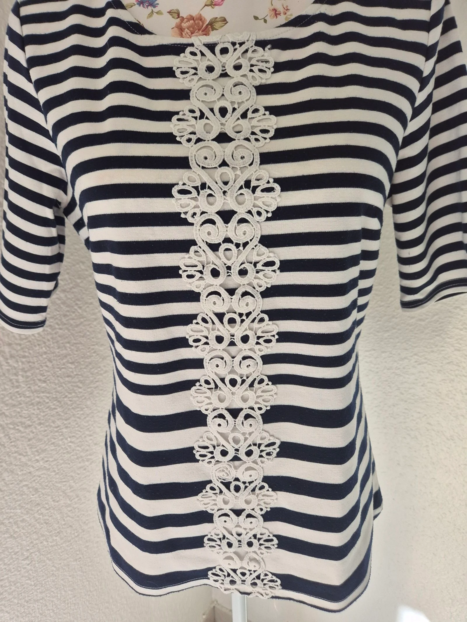 ✨ T-shirt marinière Jus d'Orange T4 branco & azul marinho com renda – estilo náutico – mangas 3/4 – photo 2